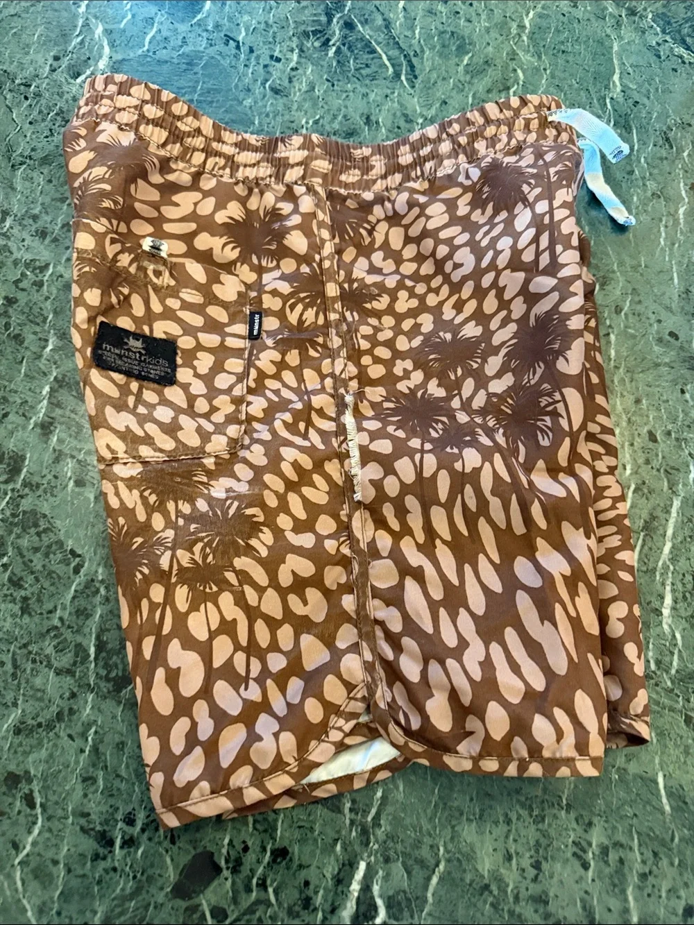 🤎 Munster Brown and Tan Palm Print Kids (12) Swim Trunks (needs sewing love) 🤎